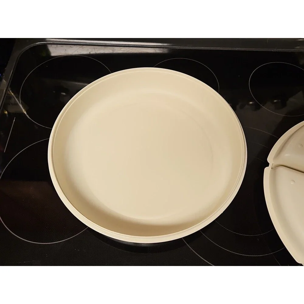 Tupperware Divided Serving Tray 1665-3 Almond With Lid & Dip Bowl 3 pc set